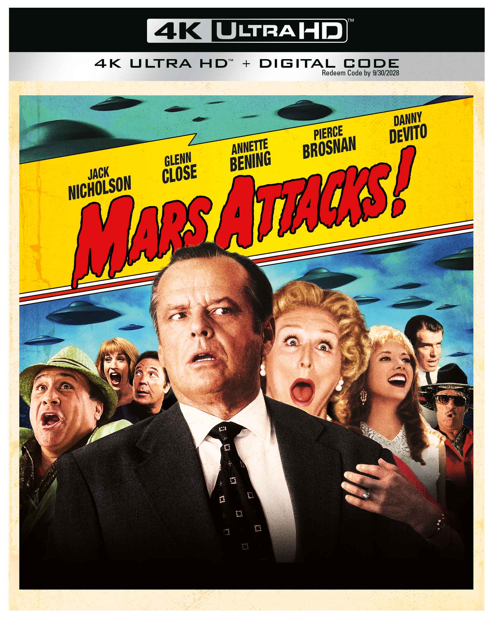 A 4K Ultra HD cover for "Mars Attacks!" shows main cast members with UFOs overhead. The title is in bold red letters, with actors' names listed above.