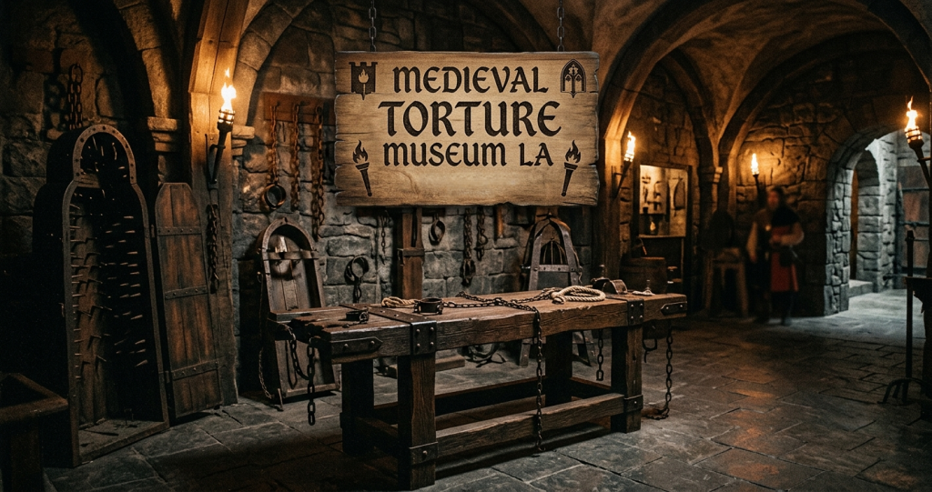 A dimly lit stone room features a large sign reading "Medieval Torture Museum LA," with torture devices and chains displayed beneath it.