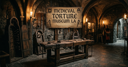 A dimly lit stone room features a large sign reading "Medieval Torture Museum LA," with torture devices and chains displayed beneath it.