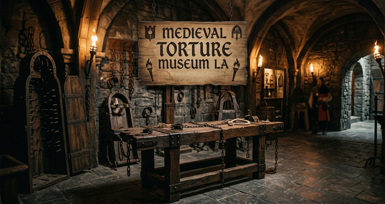 Inside LA’s Most Immersive Horror Museum: Medieval Torture Museum A dimly lit stone room features a large sign reading "Medieval Torture Museum LA," with torture devices and chains displayed beneath it.