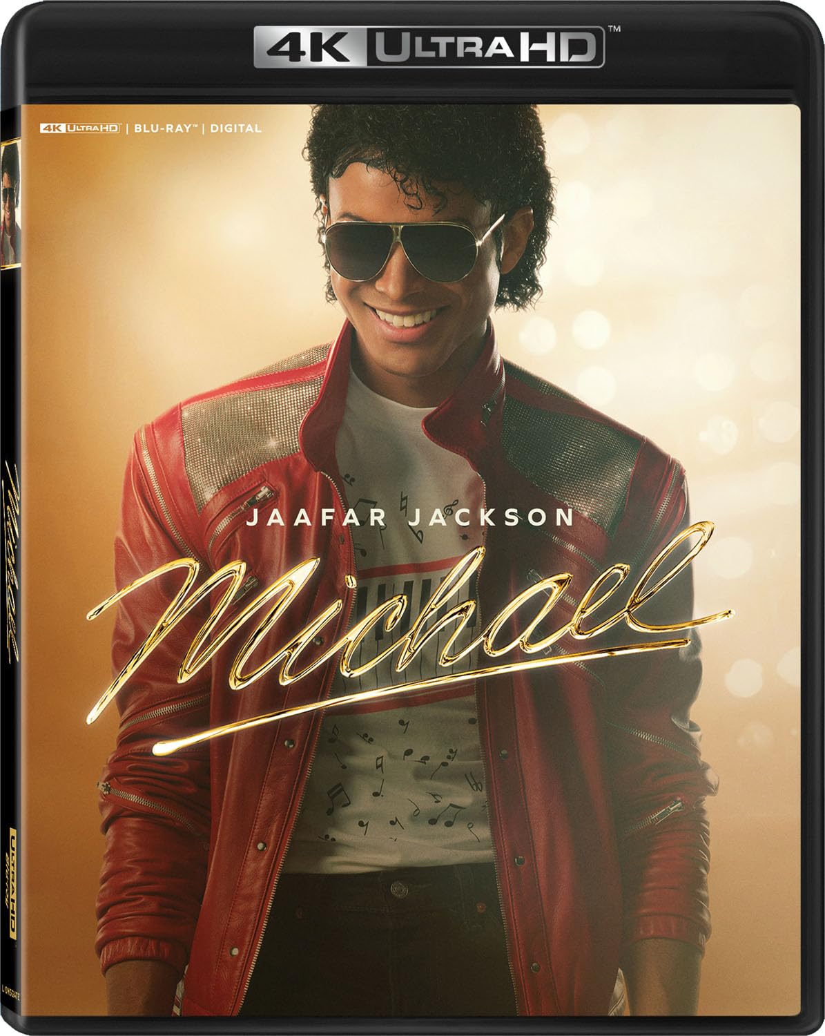 4K Ultra HD cover for the film "Michael," featuring Jaafar Jackson in a red jacket, sunglasses, and a white shirt with musical notes on a golden, sparkling background.
