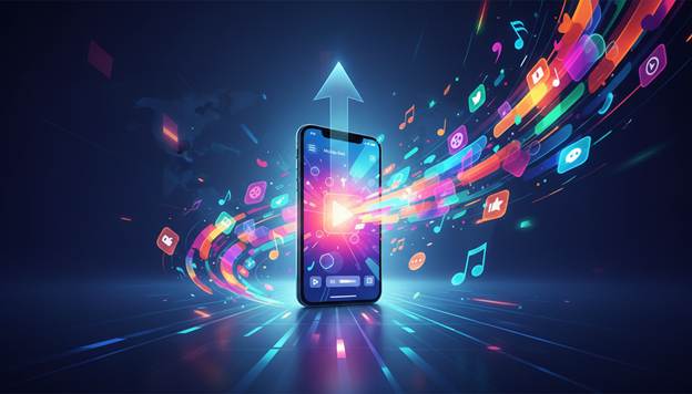 A smartphone displays a glowing play button, surrounded by colorful streaming icons like music notes and thumbs up, with digital streams flowing outward and upward.