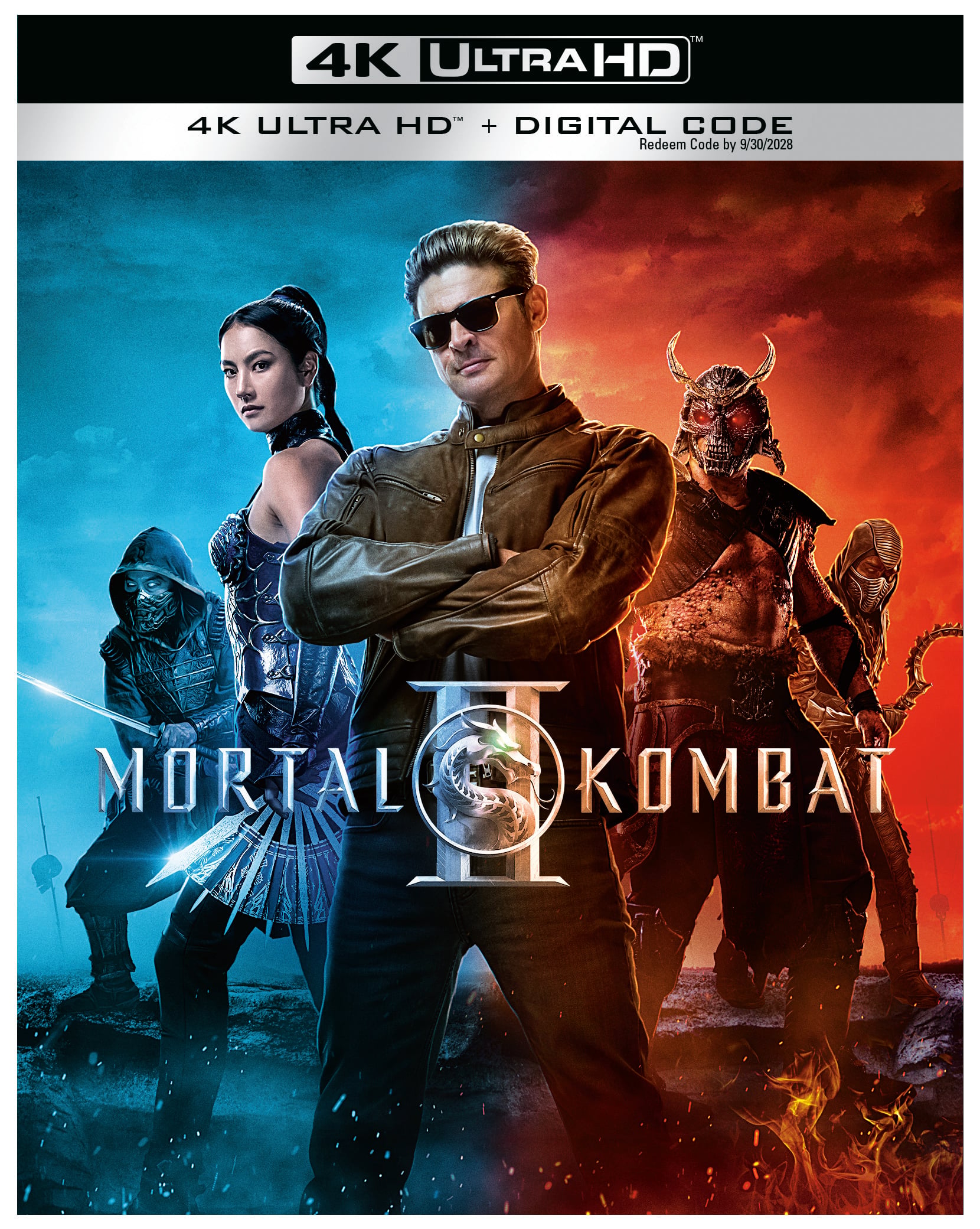 The cover of "Mortal Kombat II" 4K Ultra HD shows four characters posing, with a blue and red split background and the Mortal Kombat logo at the center.