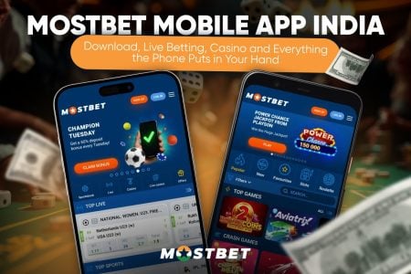 Two smartphones display the Mostbet mobile app interface, featuring sports betting and casino games; promotional text above advertises app features for users in India.