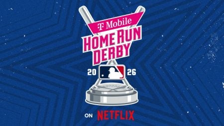 T-Mobile Home Run Derby 2026 logo with crossed bats and a baseball base, MLB logo, and "On Netflix" text against a blue patterned background.