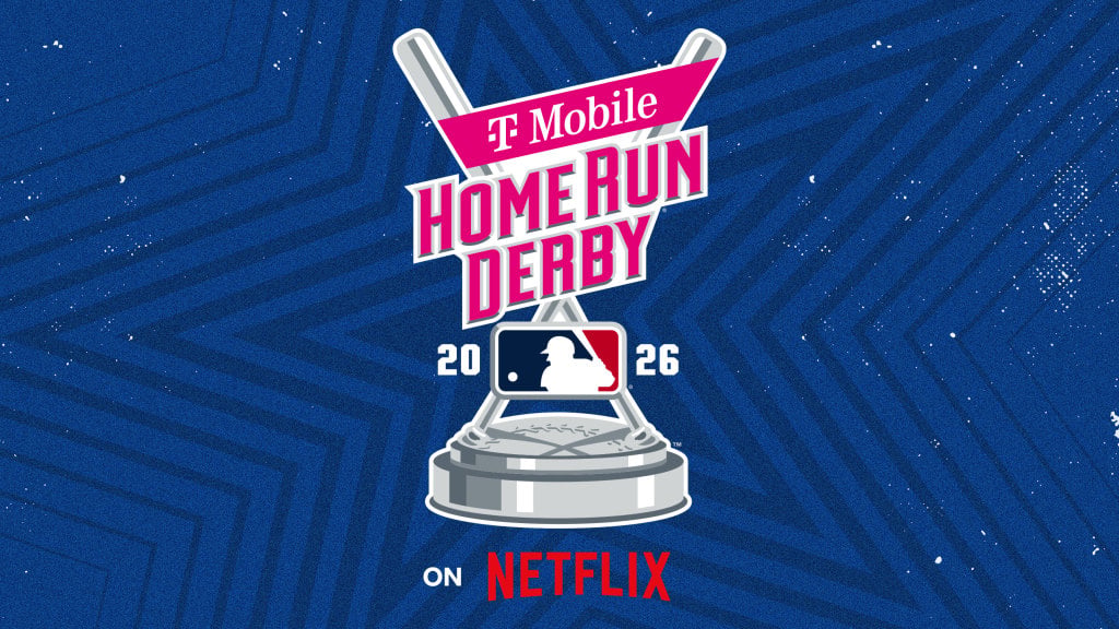 T-Mobile Home Run Derby 2026 logo with crossed bats and a baseball base, MLB logo, and "On Netflix" text against a blue patterned background.
