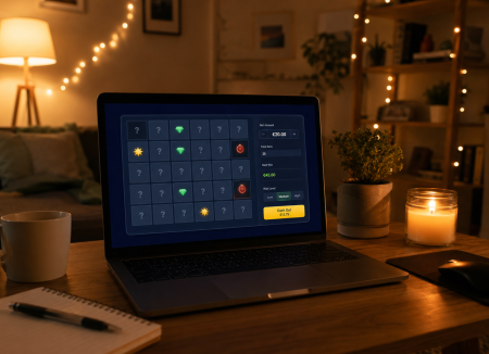 A laptop on a wooden table displays an online game interface; the scene is set in a cozy, dimly lit living room with a notebook, pen, mug, and lit candle nearby.