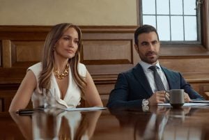 Office Romance. (L-R) Jennifer Lopez as Jackie Cruz and Brett Goldstein as Daniel Blanchflower in Office Romance.