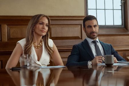 Office Romance. (L-R) Jennifer Lopez as Jackie Cruz and Brett Goldstein as Daniel Blanchflower in Office Romance.