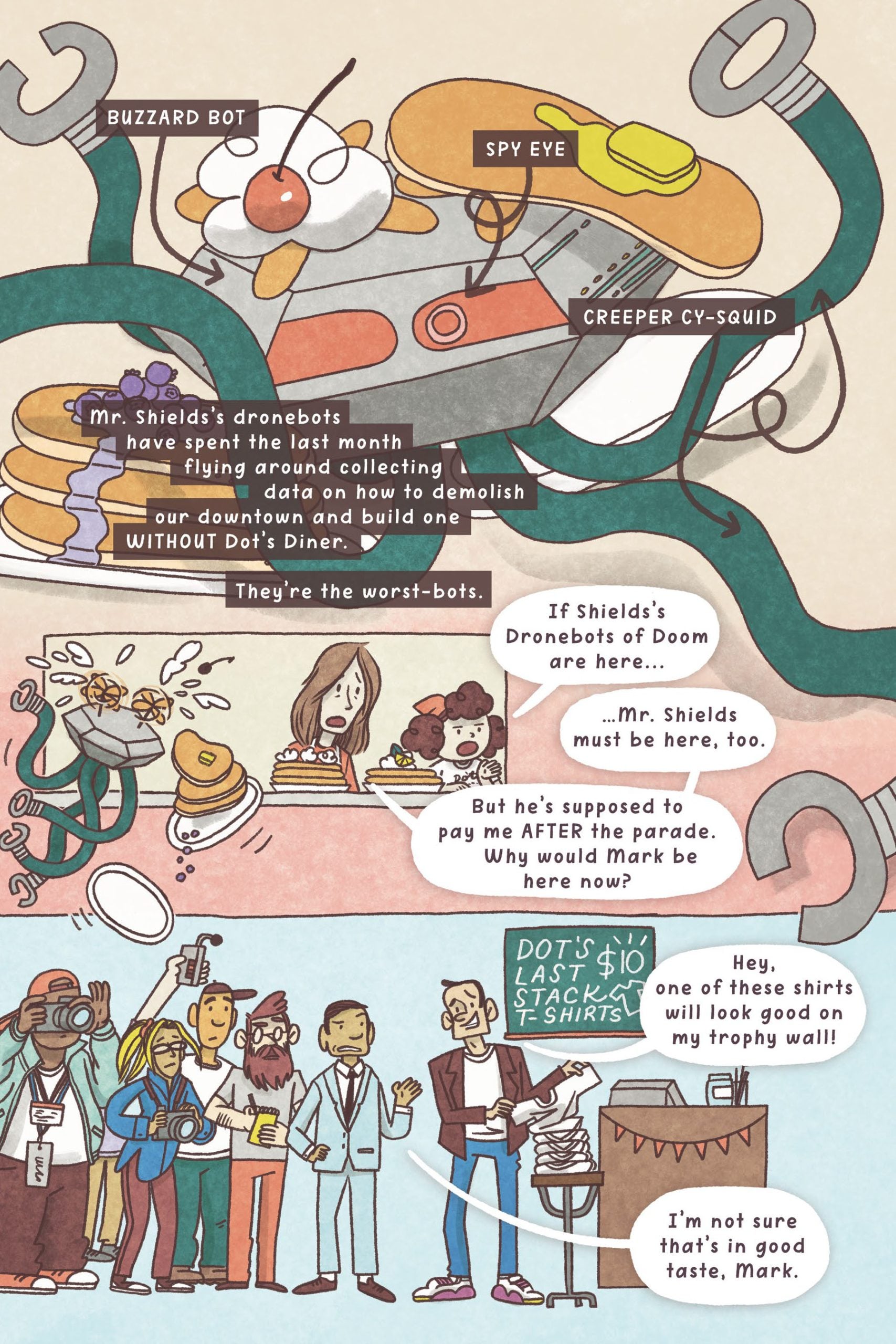 A comic-style illustration shows various dronebots, people discussing a parade, Dot's Diner, and a booth selling T-shirts and a trophy, with dialogue about dronebots and the parade.