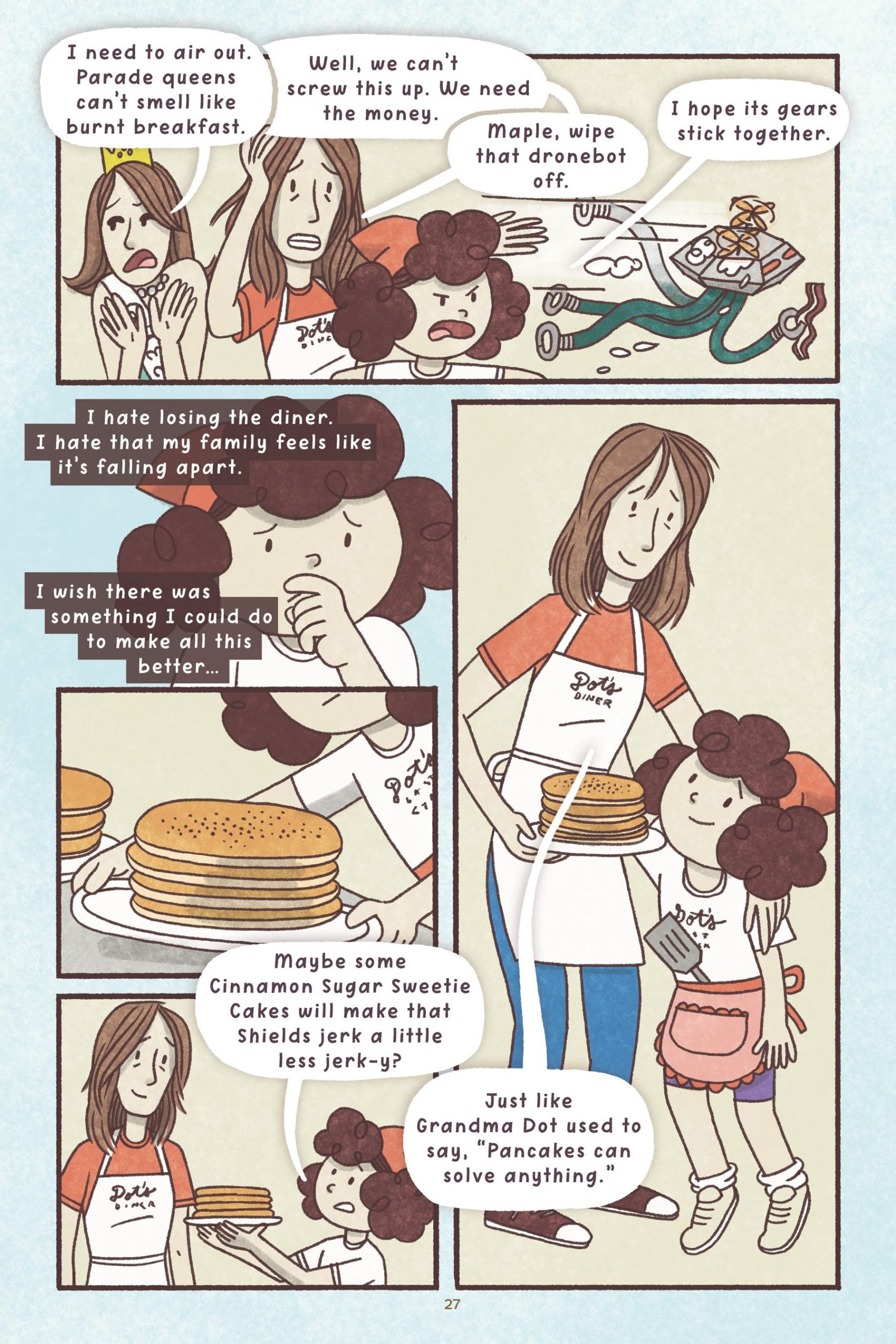 A mother and daughter talk in a diner kitchen; the mother wipes a drone, and a plate of pancakes is shown. The daughter hugs her mother as they discuss their worries.