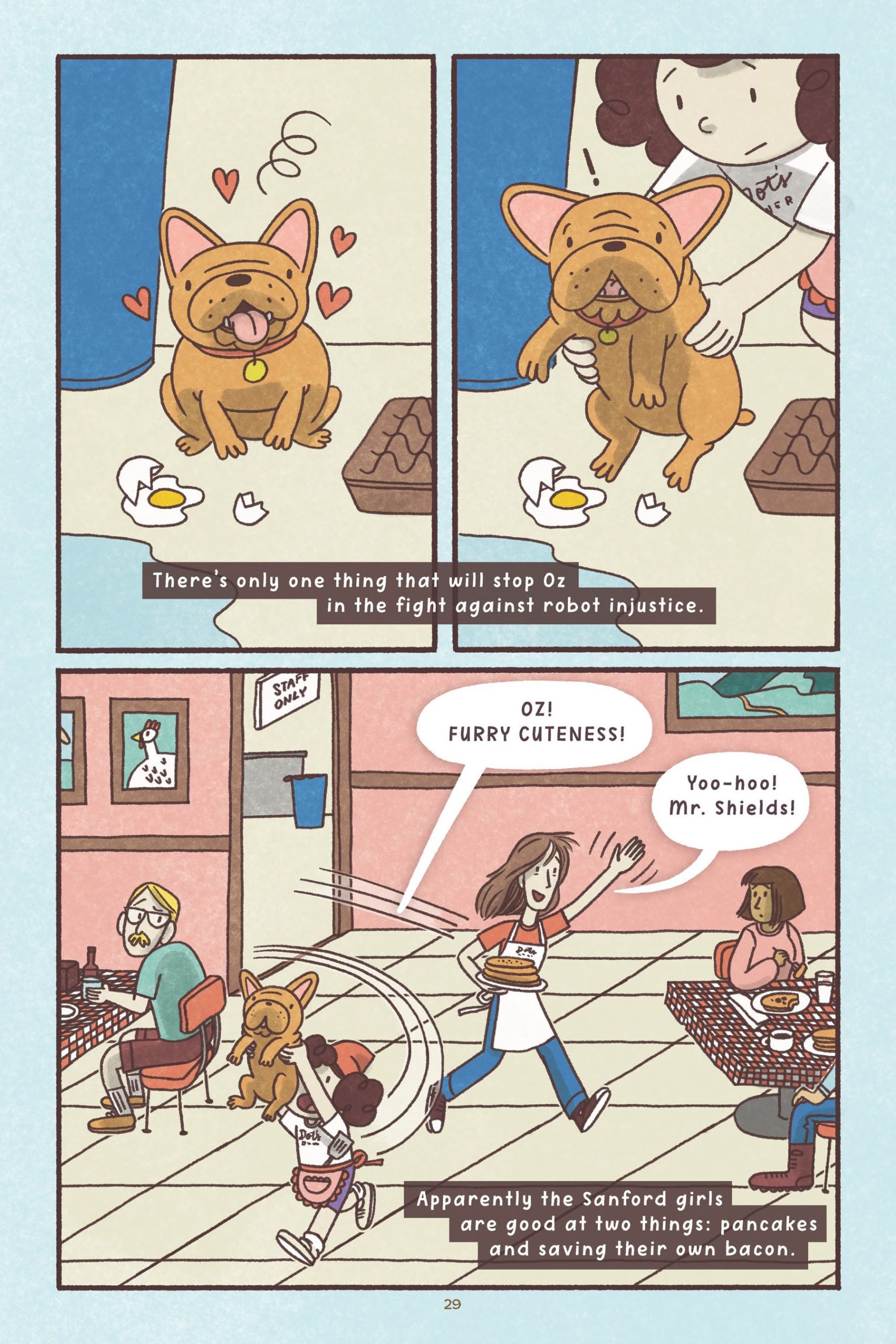 A comic page shows a dog breaking eggs by a table, then running through a busy café as a girl chases after him, while other people dine and work inside.