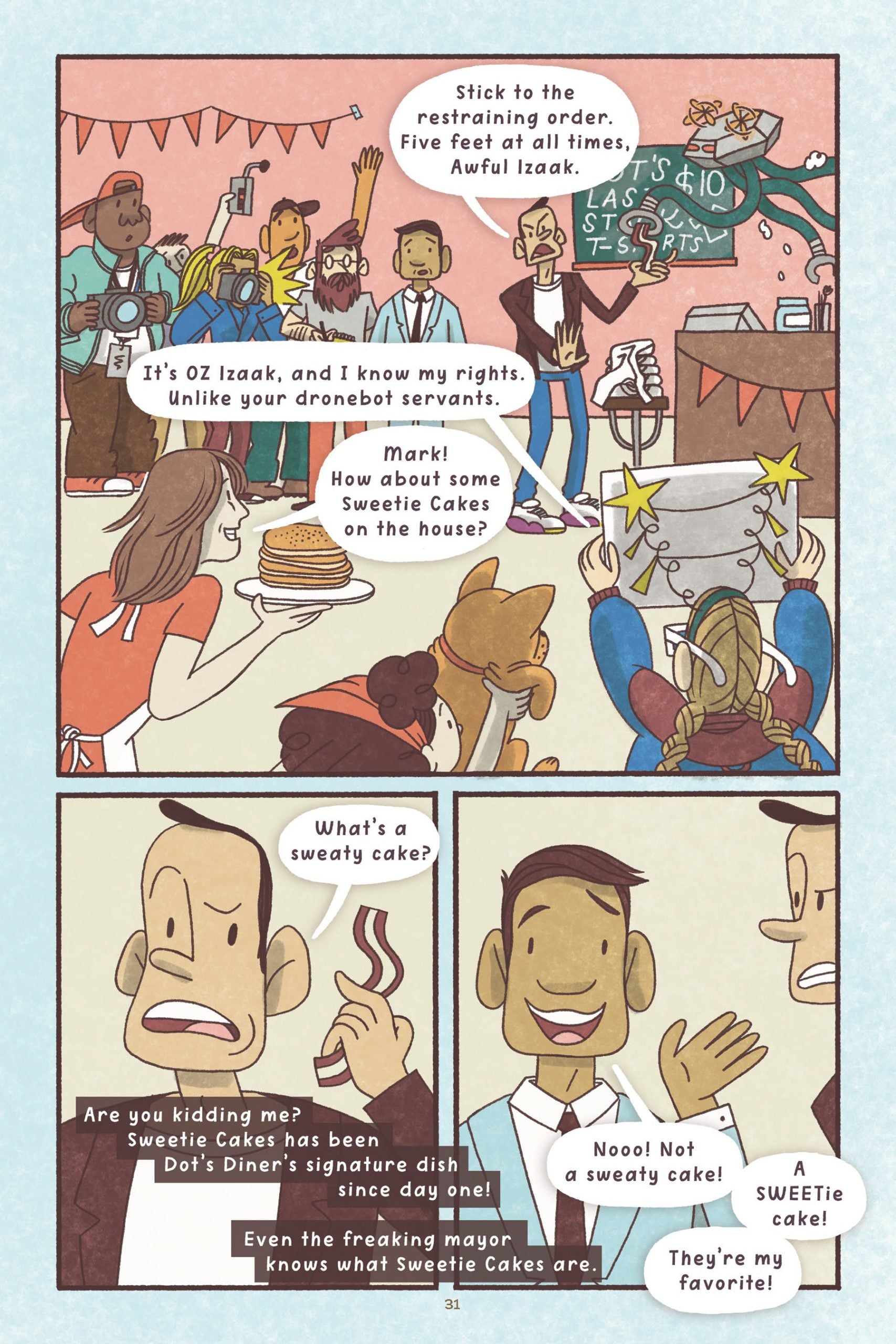 Cartoon showing a lively debate at a town event about Sweetie Cakes, with people arguing and a man clarifying that they are not "sweaty cakes" but a popular local dessert.