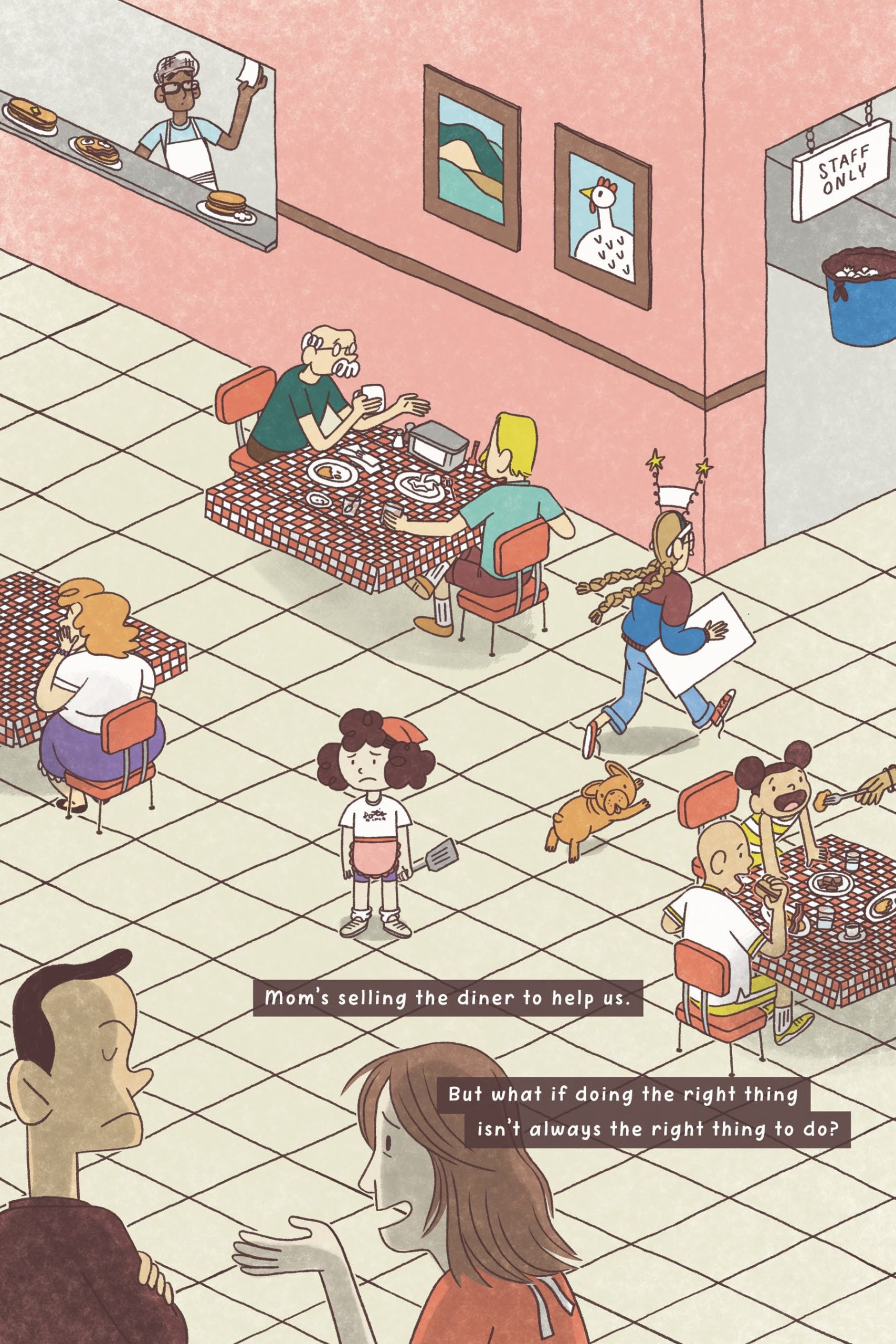 A busy diner with customers eating at tables; a woman talks to a man in the foreground while a child and a dog walk by. Text reads: “Mom’s selling the diner to help us...”.