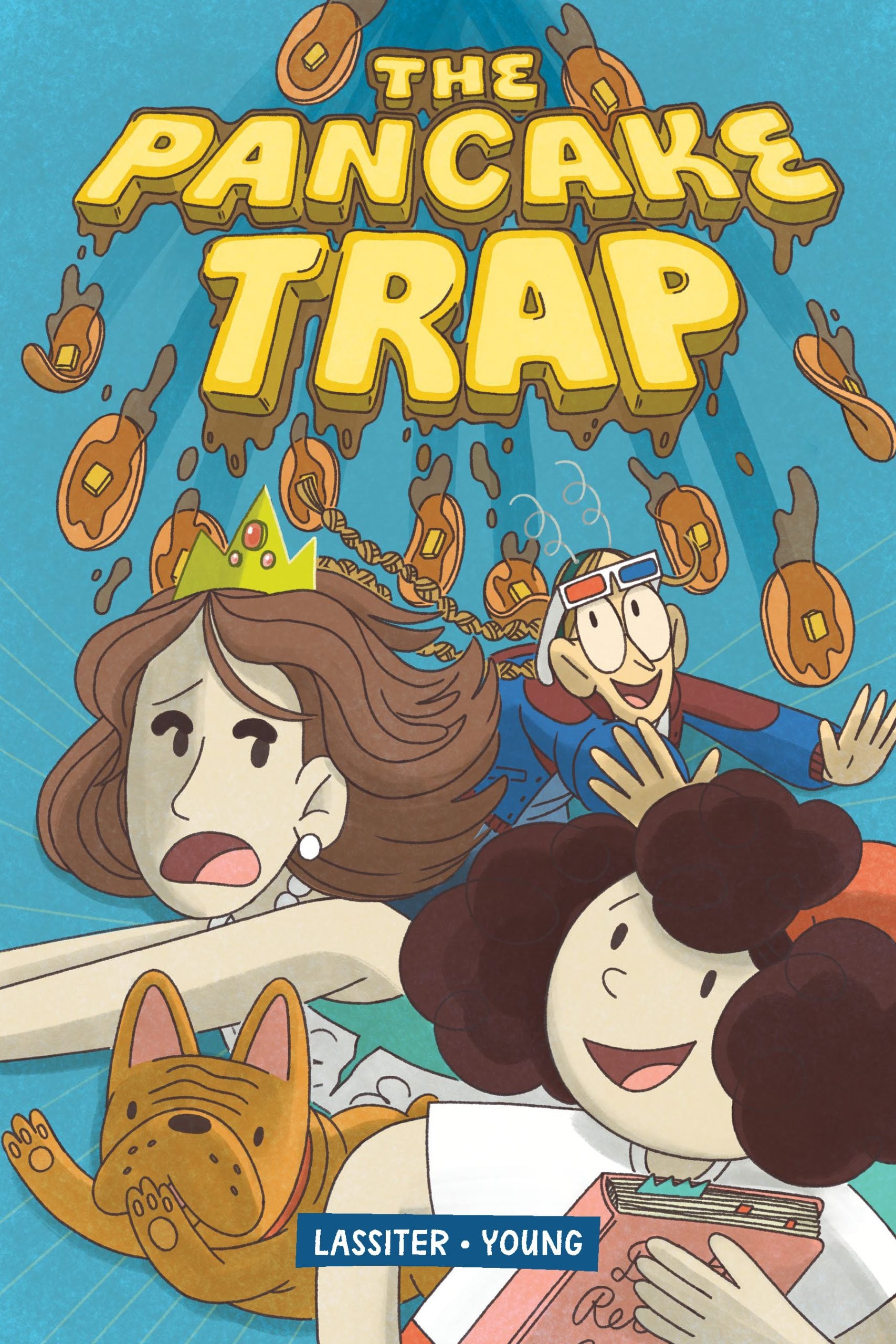 Illustrated book cover titled "The Pancake Trap," showing three characters, a dog, and flying pancakes. The authors' names, Lassiter and Young, appear at the bottom.