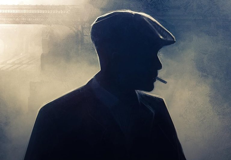 How To Experience The Real “Peaky Blinders” Locations In Manchester Silhouette of a man in a flat cap smoking a cigarette, with a misty, industrial background and metal bridge structure visible.
