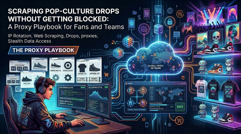 Illustration of a person using multiple screens to manage proxy networks and web scraping for popular items, with digital icons of shoes, tickets, and tech gear surrounding a cloud network.