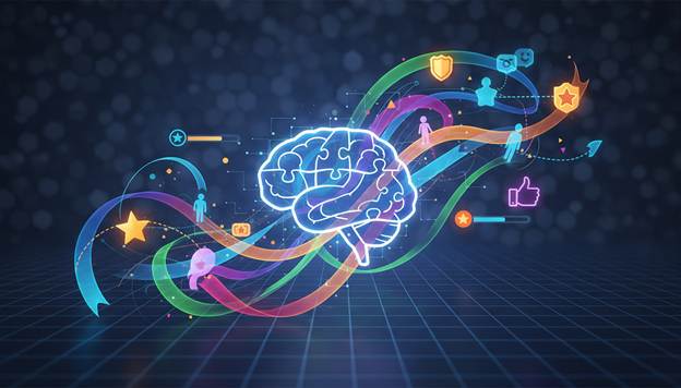 A glowing brain illustration with colorful digital ribbons, icons of people, shields, and social media symbols on a dark, grid-like background.