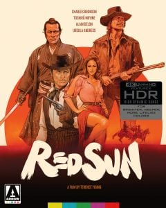 Movie poster for "Red Sun" featuring illustrated characters with weapons, a woman in red, and text listing the main actors and director on a bold, colorful background.