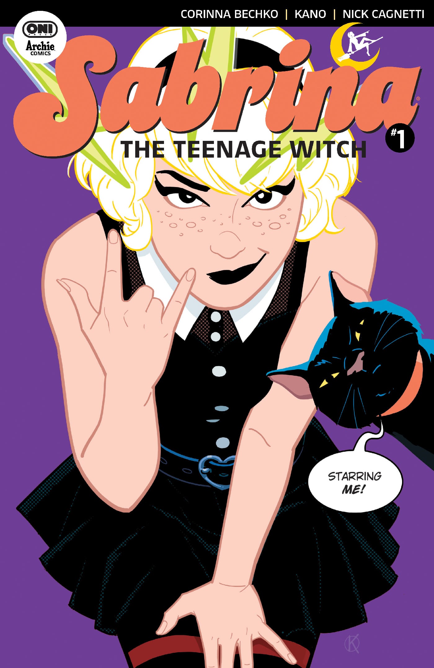 Comic book cover of "Sabrina the Teenage Witch #1"; Sabrina is making a rock-on hand gesture, holding a black cat with a speech bubble saying "Starring me!.