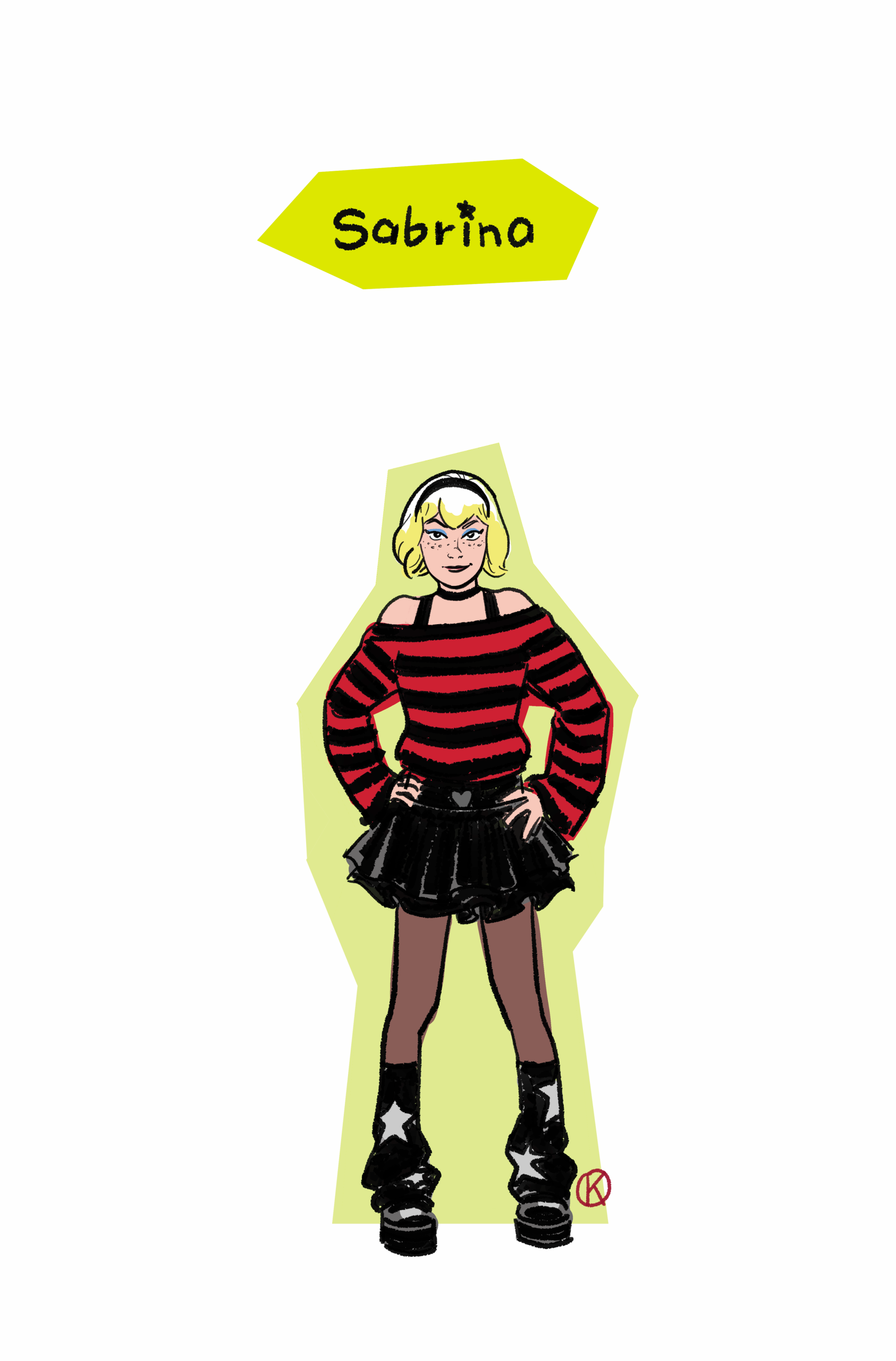 A cartoon girl with short blonde hair, wearing a red and black striped shirt, black skirt, black tights, and star-decorated boots, stands with hands on hips under a label that reads "Sabrina.