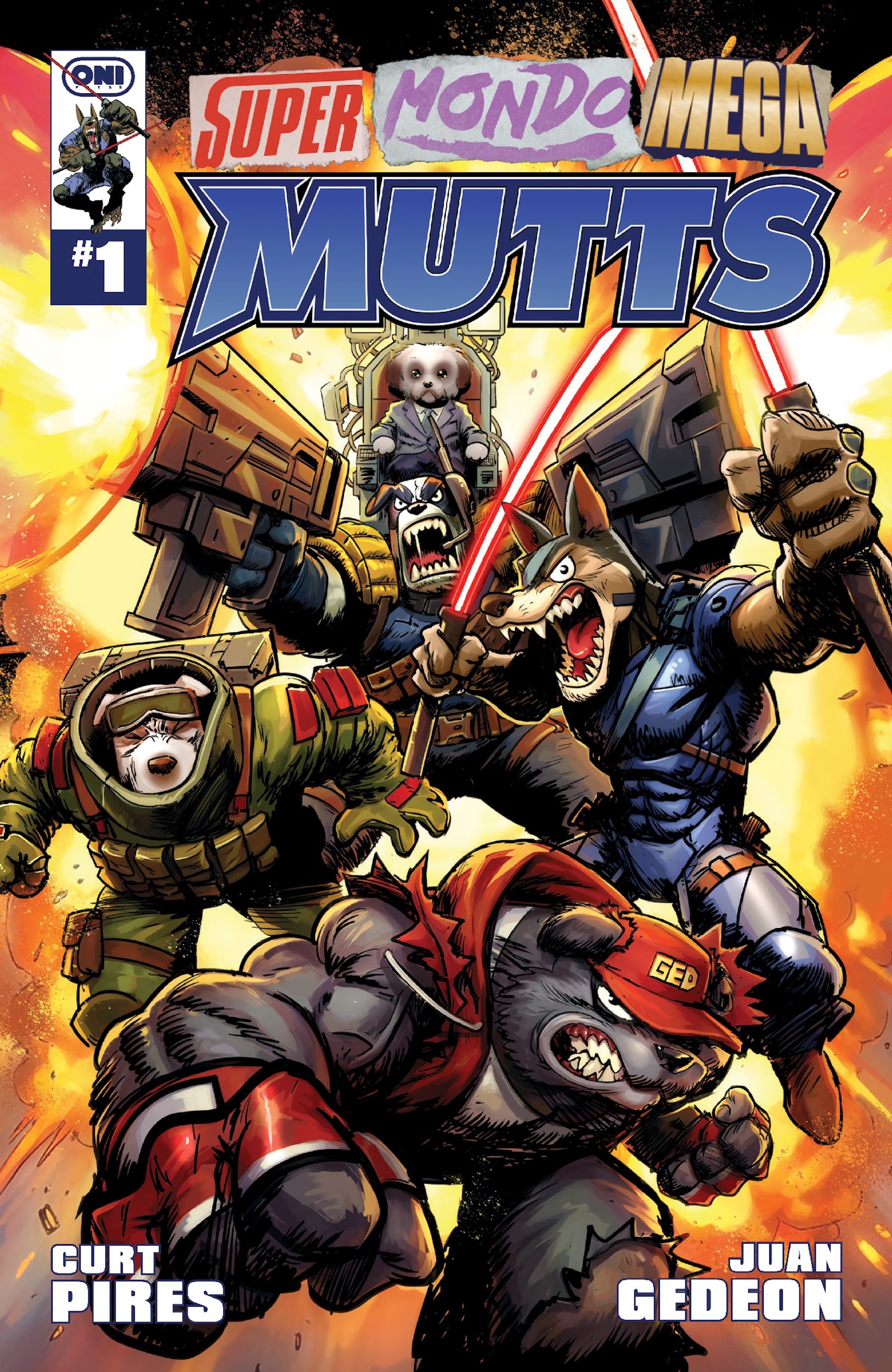 Comic book cover featuring four anthropomorphic dogs in futuristic armor and weapons, charging forward. Title reads "Super Mondo Mega Mutts #1" by Curt Pires and Juan Gedeon.