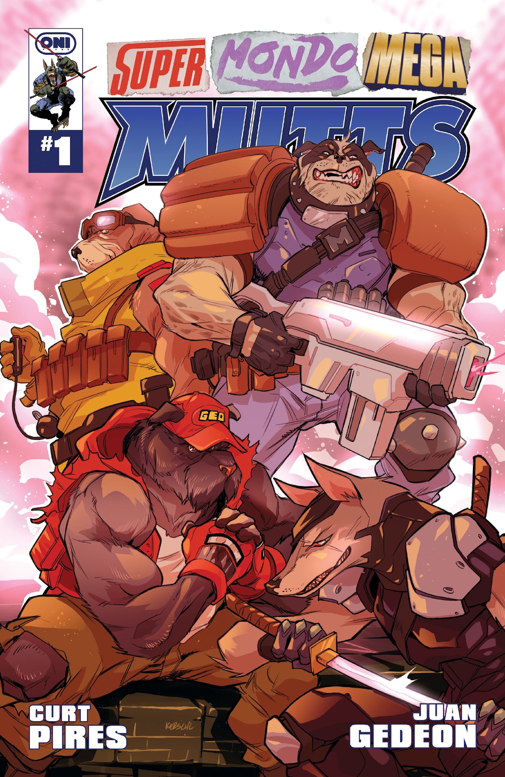 Comic book cover showing three muscular, armored anthropomorphic dogs holding weapons, titled "Super Mondo Mega Mutts #1" by Curt Pires and Juan Gedeon.