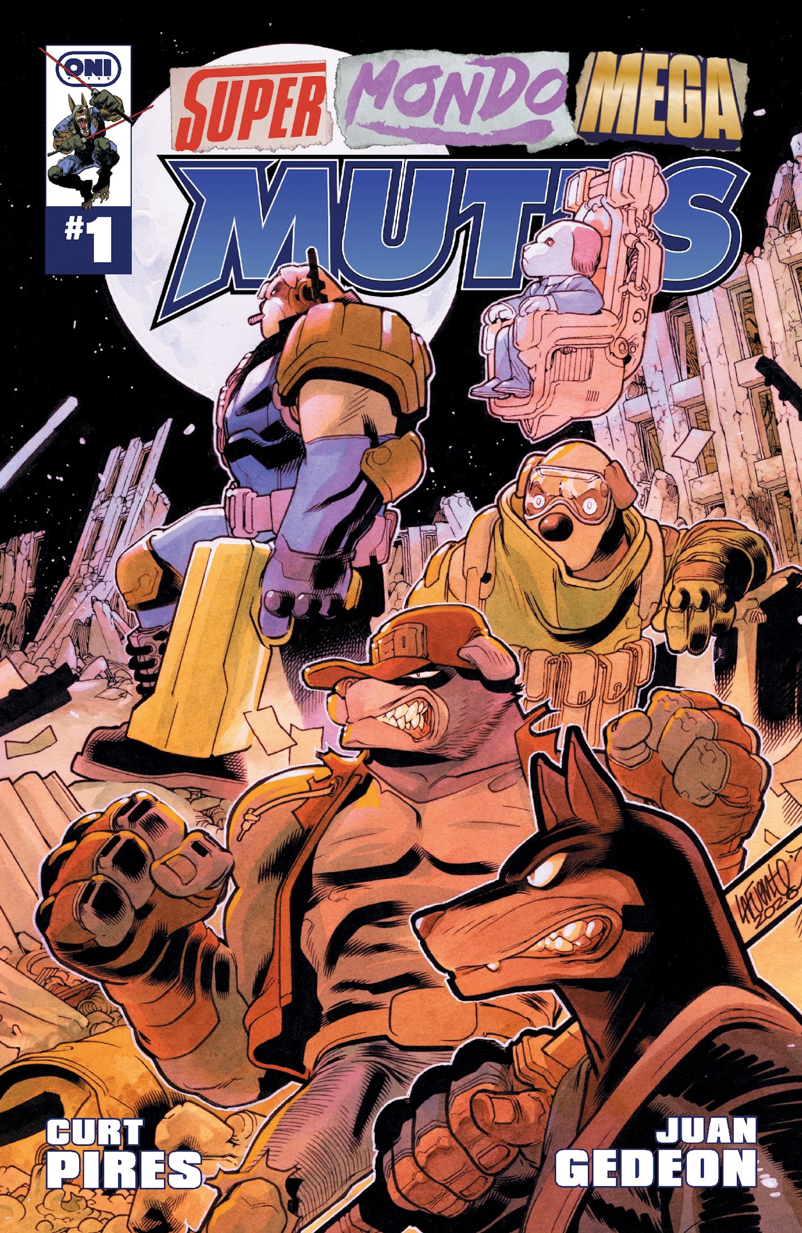 Comic book cover titled "Super Mondo Mega Mutts #1" featuring four anthropomorphic mutant animals in armor, with a large moon in the background. Credits: Curt Pires and Juan Gedeon.