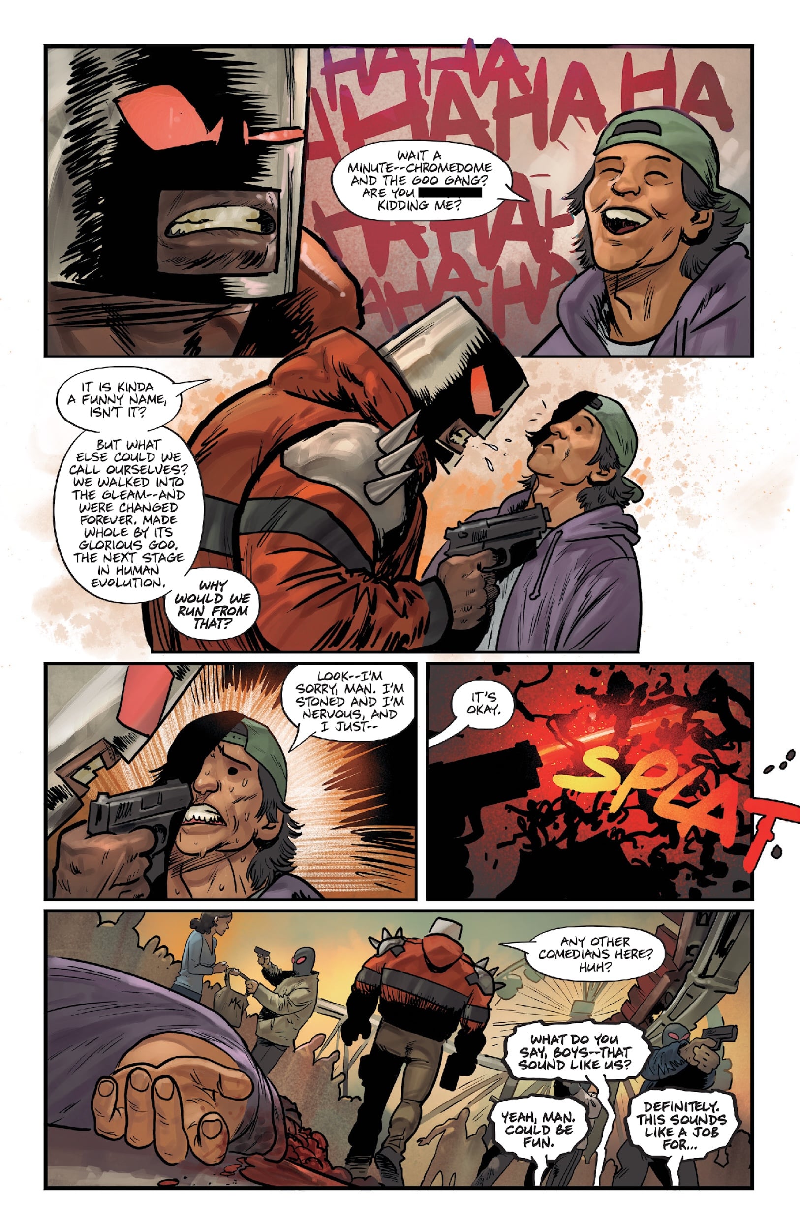 A masked vigilante confronts a man who mocks him; the vigilante suddenly kills the man, shocking the watching crowd below.