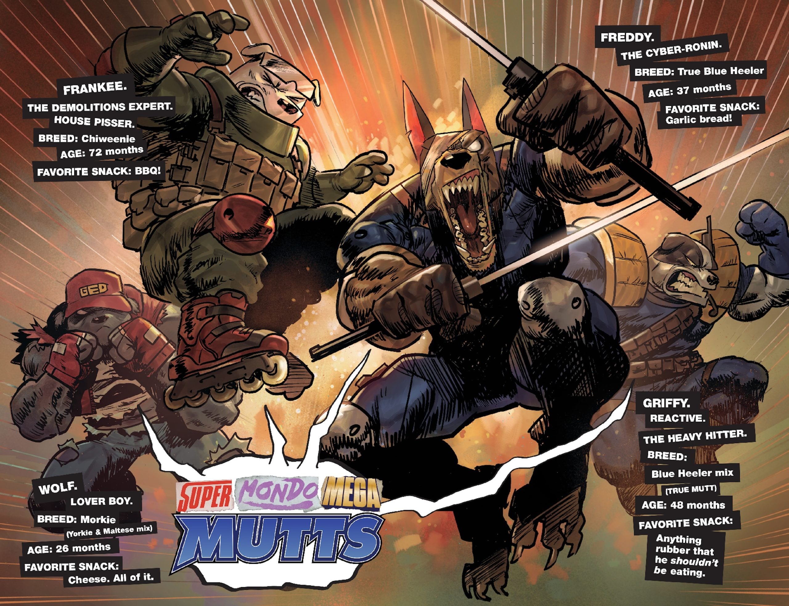 Four anthropomorphic dogs in action poses with weapons and armor, each labeled with names, ages, and favorite snacks, titled "Super Mondo Mega Mutts." Comic-style art.