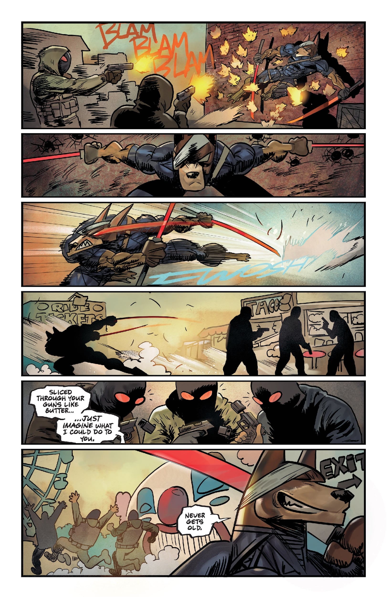 A masked, armored character fights gunmen with swords in a chaotic urban environment, accompanied by narration and sound effects in a comic book style.