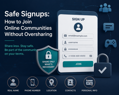 A modern digital privacy infographic showing a secure signup process with form fields, security shields, and warning icons for oversharing personal data. The visual highlights safe online registration practices and data protection awareness in a clean, dark blue and teal cybersecurity style.