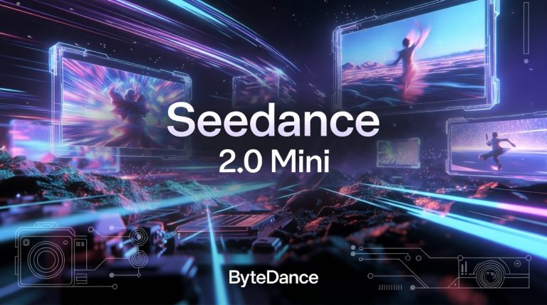 Digital graphic with the text "Seedance 2.0 Mini" and "ByteDance," featuring futuristic screens displaying dancers in vibrant, neon-lit environments.