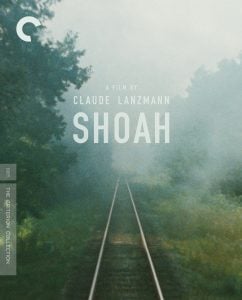 A railway track disappears into the fog, surrounded by trees, with the text "A film by Claude Lanzmann SHOAH" and Criterion Collection branding on the left.
