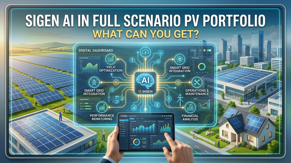 A digital dashboard displays AI-powered solar energy solutions, with solar panels on buildings and fields, and city skyscrapers in the background.