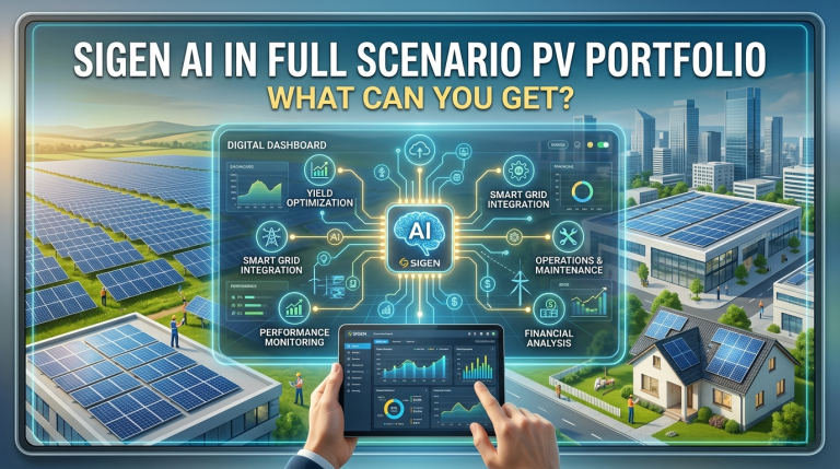 Sigen AI In Full Scenario PV Portfolio: What Can You Get? A digital dashboard displays AI-powered solar energy solutions, with solar panels on buildings and fields, and city skyscrapers in the background.