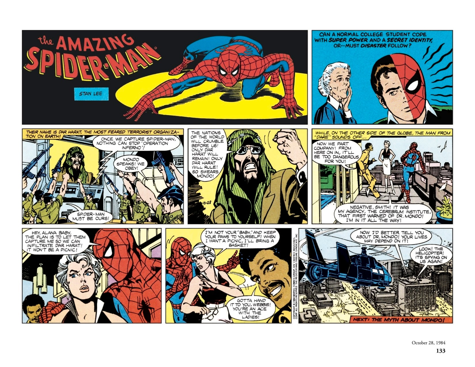 A page from a Spider-Man comic showing Spider-Man in action, Peter Parker with classmates, villains planning, and a helicopter over the city; text boxes and speech bubbles narrate the scenes.