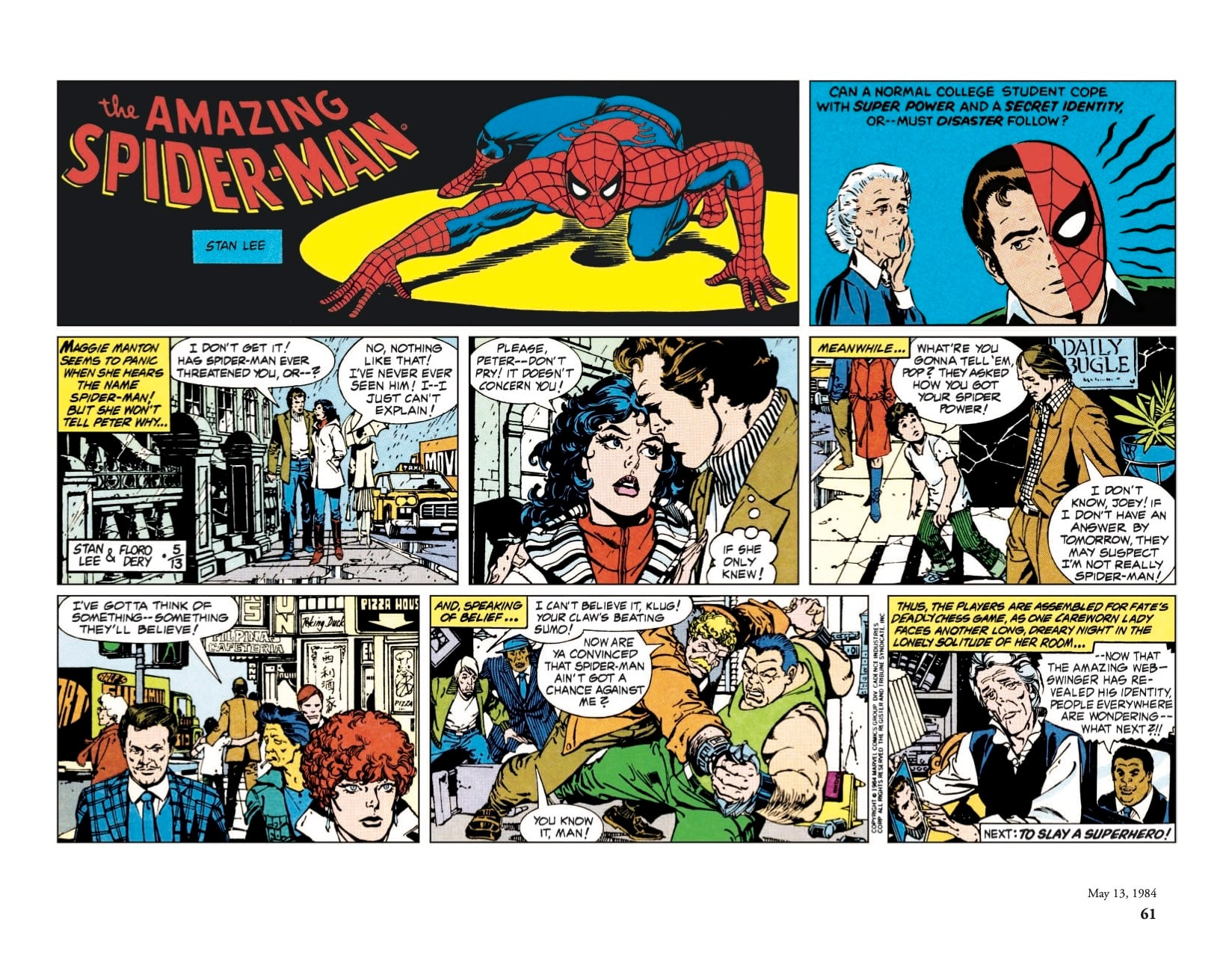 A comic strip of The Amazing Spider-Man shows Peter Parker balancing college, work, and his Spider-Man identity while interacting with Mary Jane and friends in various everyday scenes.