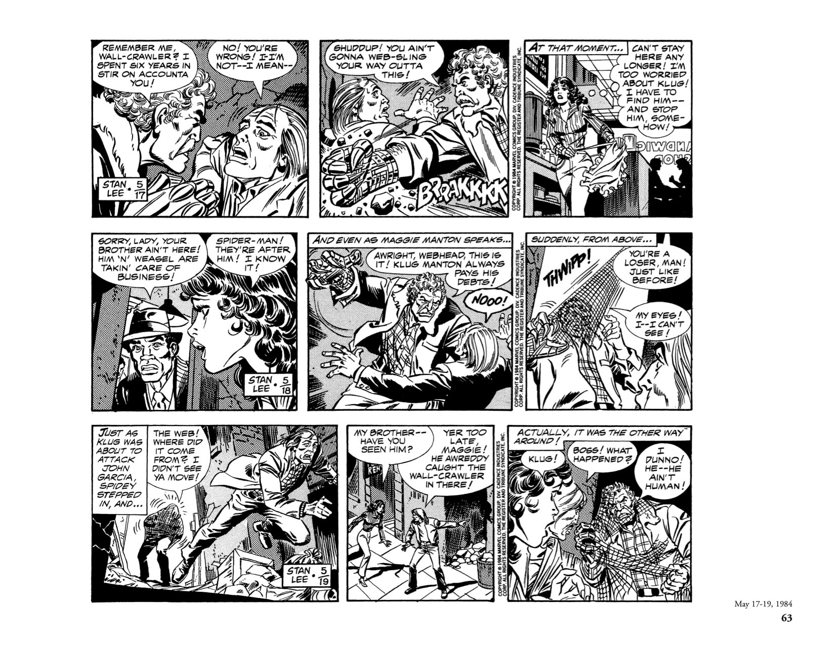 A black-and-white comic strip shows Spider-Man saving a woman from a mugger, talking with a police officer, and reflecting on the incident amid city scenes.