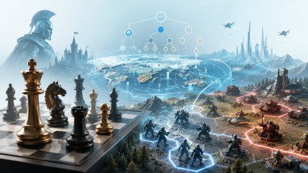 Why Strategy Games Still Dominate Geek Culture A chessboard, battlefield with soldiers and vehicles, a world map, and futuristic cityscape blend together, symbolizing strategy, warfare, and global tactics.