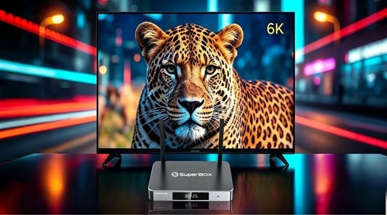 A flat-screen TV displaying a leopard with "6K" text, situated behind a SuperBox media streaming device with two antennas on a table.
