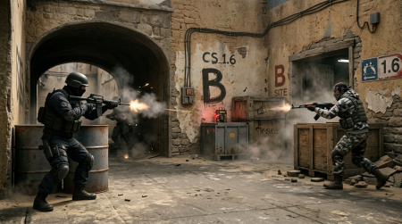 The Maps That Became Gaming Legends In CS 1.6 Two armed figures in tactical gear exchange gunfire in an alley near a site marked "B" with crates and debris, resembling a scene from a tactical video game.