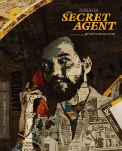 A collage-style poster for "The Secret Agent" shows a man's face composed of newspaper clippings and various text, with film details and title at the top.
