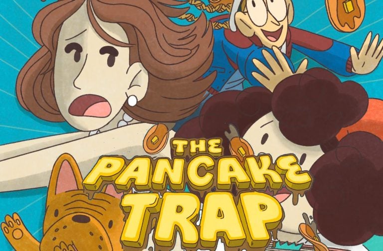 GVN Talking Comics Exclusive Page Reveal: Oni Press ‘The Pancake Trap’ Illustrated cover showing three animated characters and a dog fleeing from flying pancakes, with the title "The Pancake Trap" in bold yellow letters.
