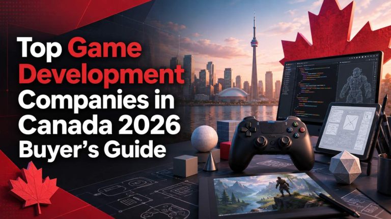 Top Game Development Companies In Canada A digital workspace with game development tools, a controller, and a Toronto skyline background; text reads "Top Game Development Companies in Canada 2026 Buyer’s Guide.
