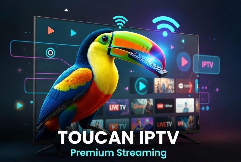 A colorful toucan holding a remote stands in front of a TV displaying streaming apps and icons, with the text "TOUCAN IPTV Premium Streaming" at the bottom.