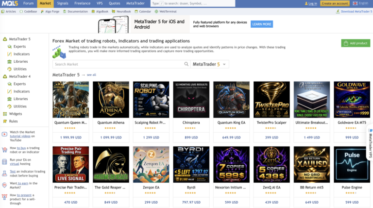 Building Reusable Trading System Components with Modern Development Workflows Screenshot of the MQL5 Market webpage displaying various trading robots and indicators for sale, including product names, prices, and preview images in a grid layout.