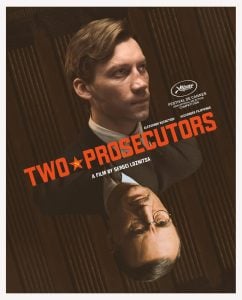 Movie poster for "Two Prosecutors" features mirrored portraits of two men in suits, with festival laurels and bold red title text across the center.