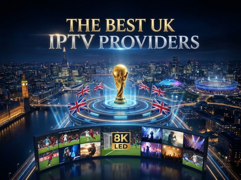 A digital image shows "The Best UK IPTV Providers" above a golden trophy, four UK flags, and a London cityscape, with a curved 8K LED screen displaying sports and entertainment.