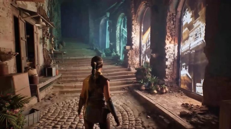 A person with braided hair stands on a cobblestone street facing stone steps and old, weathered buildings with plants and illuminated windows.